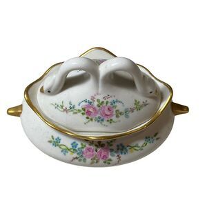 Vintage Hand-Painted Porcelain Trinket Box Swan Lid Floral Vera Westbrook